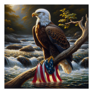 Poster Aigle et drapeau américain sur une branche d'arbre