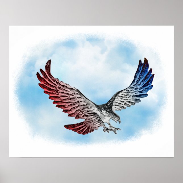 Poster Aigle rouge blanc et bleu dans les nuages (Devant)