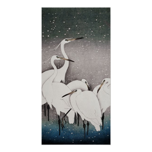 Poster Aigrettes japonaises Grues Koson Neige d'hiver (Devant)