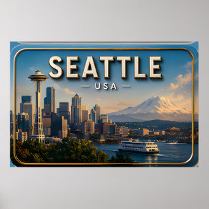 Poster Aiguille de l'espace de Seattle et mont Rainier