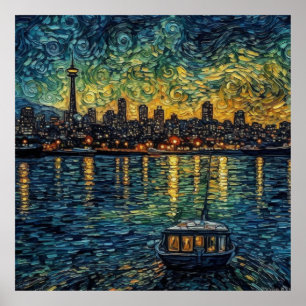 Poster Aiguille spatiale Seatle en style van Gogh