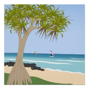Poster Aile surfeurs à huile Pandanus Tree à la plage