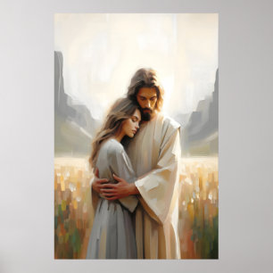Poster Aimé par Lui Jésus Embrassant Femme Guérison Étrei