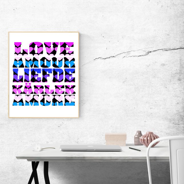 Poster Aimer de nombreuses langues Coeurs rose violet ble (A poster that says love in French, English, Dutch and more!)