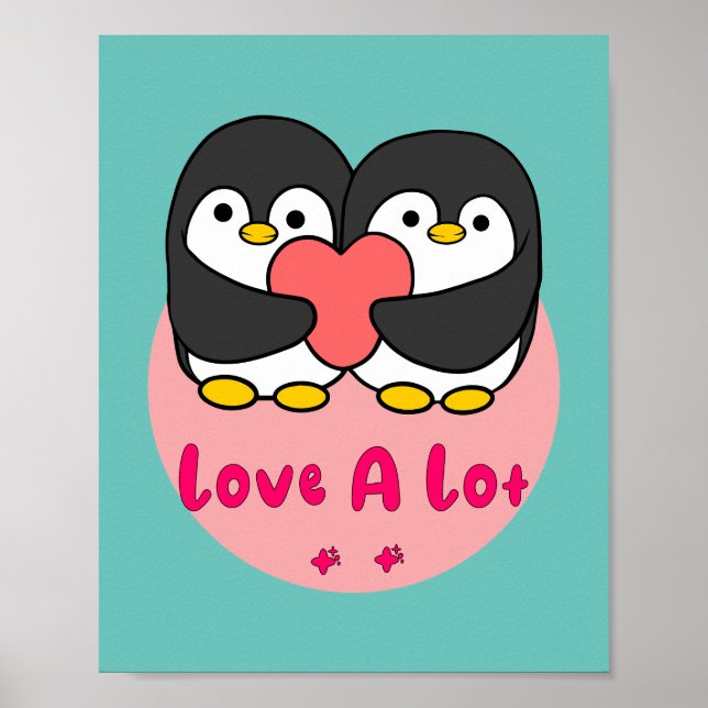 Poster Aimez beaucoup Kawaii mignon pingouins tenant coeu (Devant)