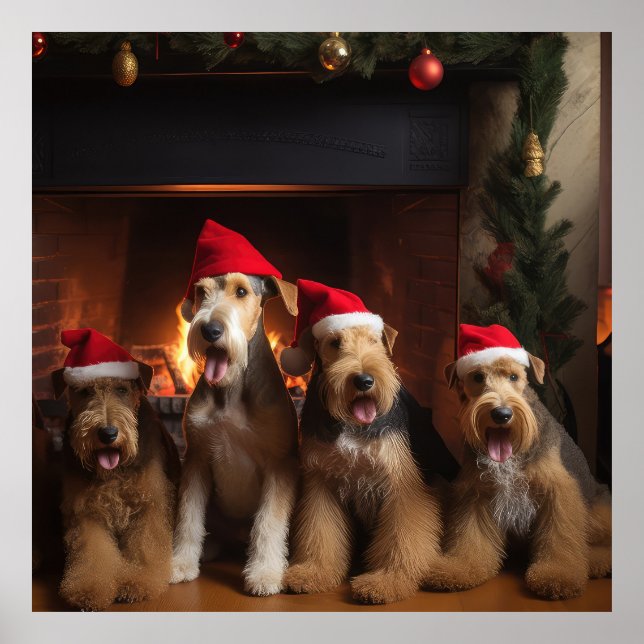 Poster Airedale près de la cheminée Noël (Devant)