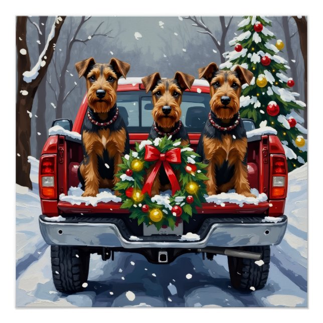 Poster Airedale Terrier Christmas Red Truck Holiday (Devant)