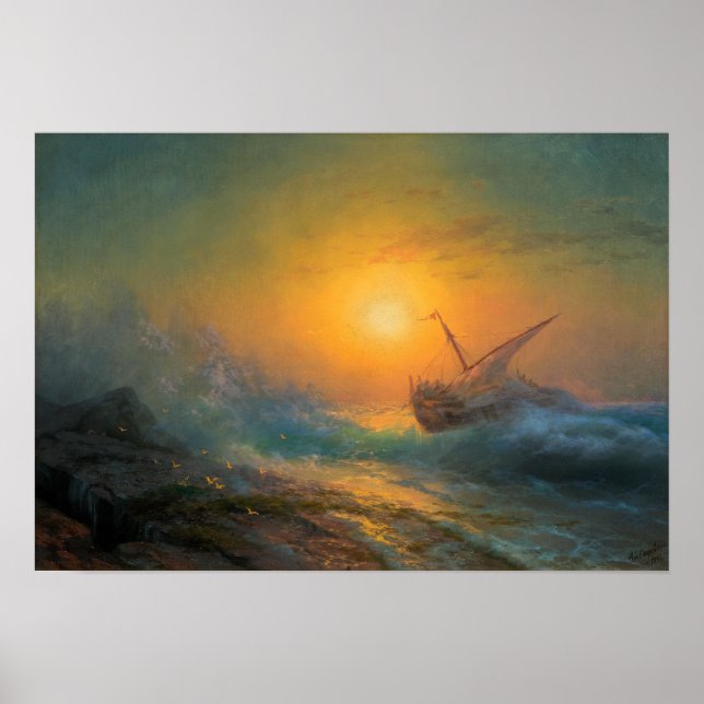 Poster Aivazovsky - Mer Stormy Au Coucher Du Soleil 1896 (Devant)