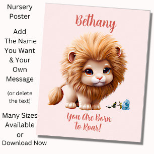 Poster Ajouter un texte de nom, bébé lion avec fleur bleu