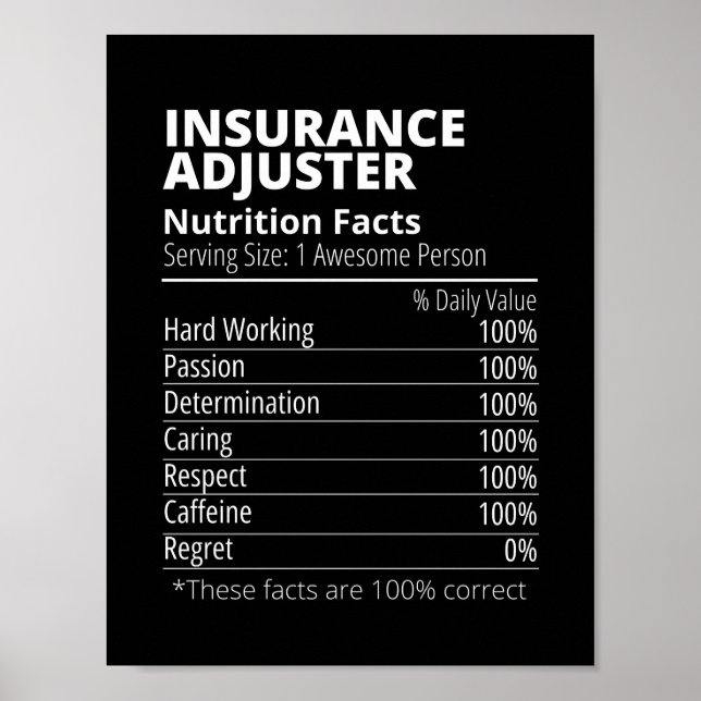 Poster Ajusteur d'assurance Nutrition Facts amusant (Devant)