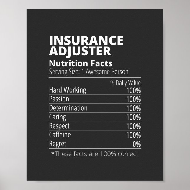 Poster Ajusteur d'assurance Nutrition Facts amusant (Devant)