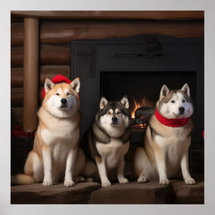 Poster Akita par le Noël de la cheminée