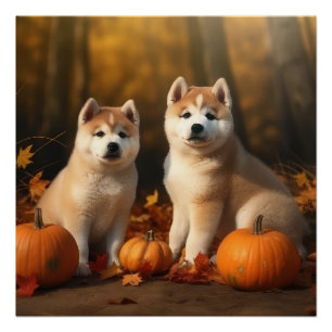 Poster Akita Puppy Citrouille d'automne