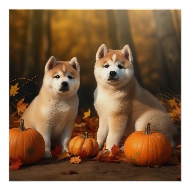 Poster Akita Puppy Citrouille d'automne (Devant)