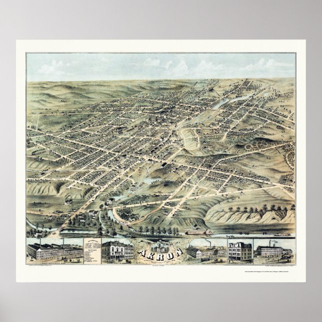 Poster Akron, OH Carte panoramique - 1870 (Devant)