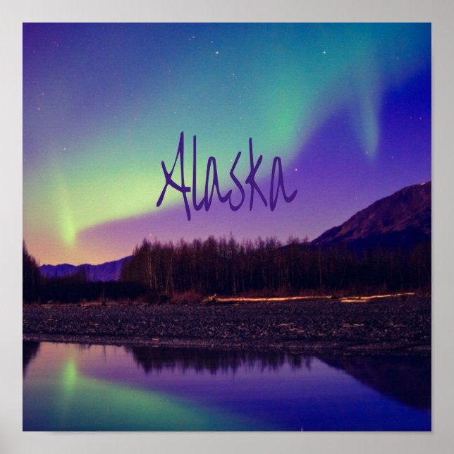 Poster Alaska Northern Lights Mountains Lake (Devant)