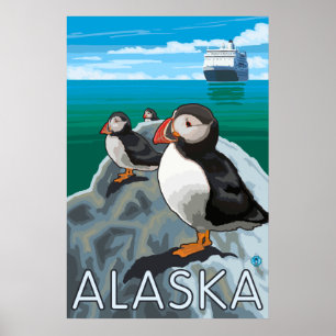 Poster Alaska - Puffins regardant un bateau de croisière