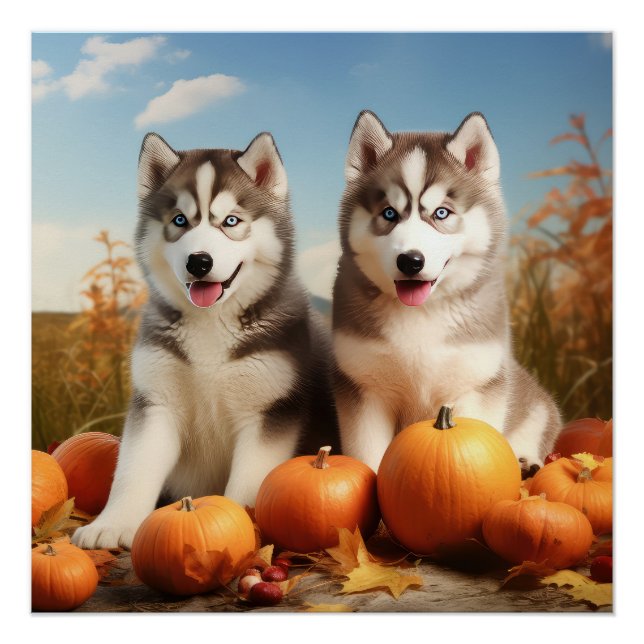 Poster Alaskan Malamute Chiot Automne Citrouille délice (Devant)