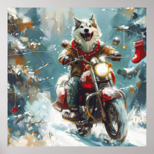 Poster Alaskan Malamute Dog équitation moto Noël