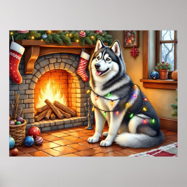 Poster Alaskan Malamute Fireplace with Christmas Lights (Devant)