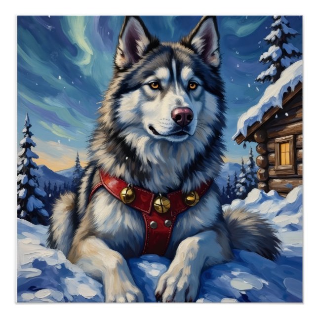 Poster Alaskan Malamute North Pole Winter Christmas (Devant)