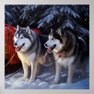 Poster Alaskien Malamute Snowy Sleigh Ride Noël