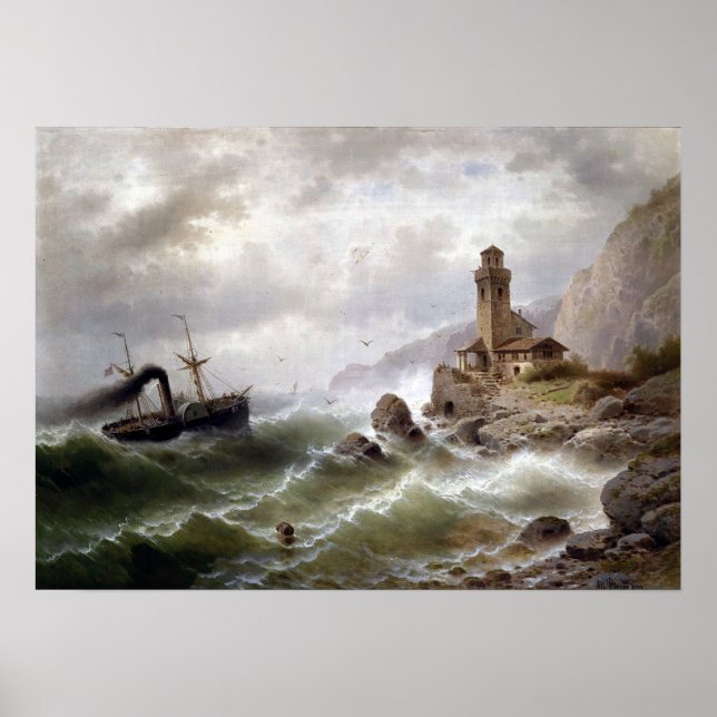Poster Albert Rieger Bateau à vapeur au large de la côte (Devant)