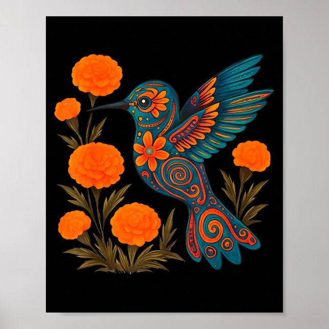 Poster Alebrije Hummingbird Flower Mexican Folk Art Bird  (Devant)