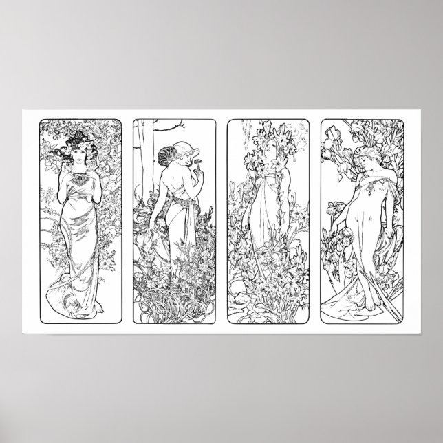 Poster Alfonso Mucha - Four Seasons - Black and white pos (Devant)