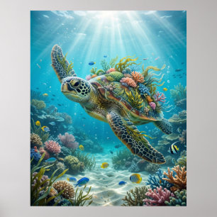 Poster Algues Tortue Océan Calme