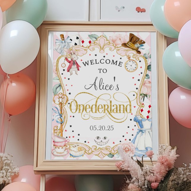 Poster Alice dans l'Onederland, 1er anniversaire signe de (Mad hatter, tea party, Alice Onederland, Girl 1st birthday welcome sign poster.)