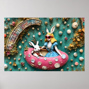 Poster Alice et le lapin blanc en voyage en flottant