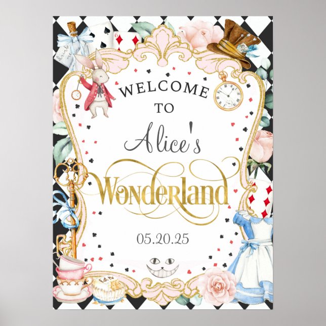 Poster Alice merveilleland fêté de thé fêté signe d'accue (Devant)