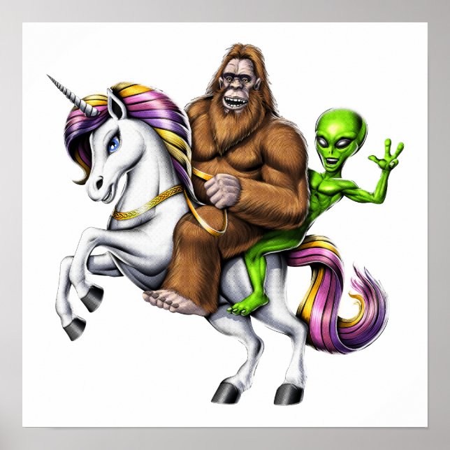 Poster Alien Bigfoot équitation Unicorn (Devant)