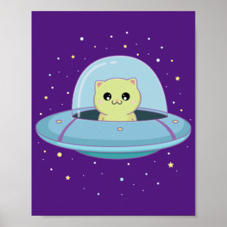 Poster alien chat volant alien soucoupe