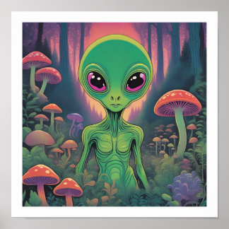 Poster Alien dans une forêt de champignons