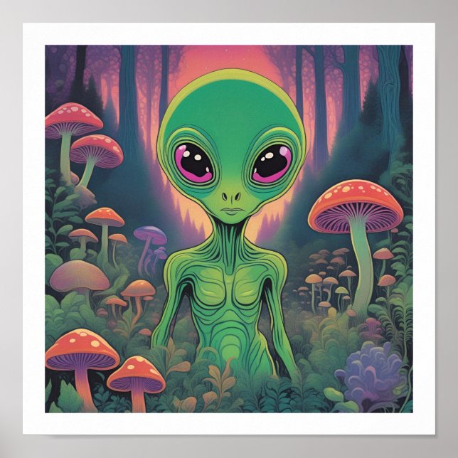 Poster Alien dans une forêt de champignons (Devant)