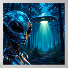Poster Alien et OVNI hyper réaliste dans la forêt