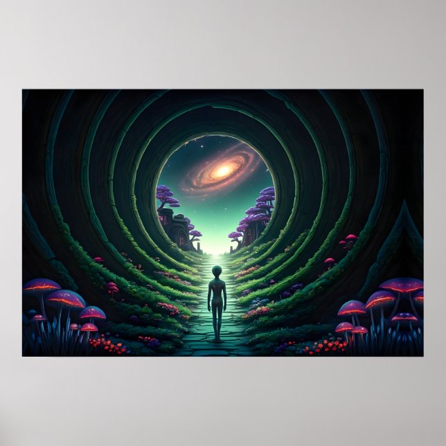 Poster Alien Figure marche vers une planète éloignée de S (Devant)