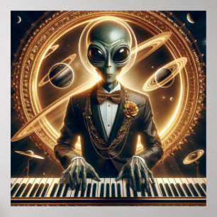 Poster Alien mâle spatial jouant du piano bien habillé