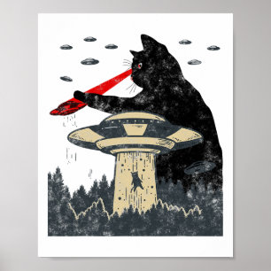 Poster Alien Ufo Enlèvement Laser Oeil Drôle Chat