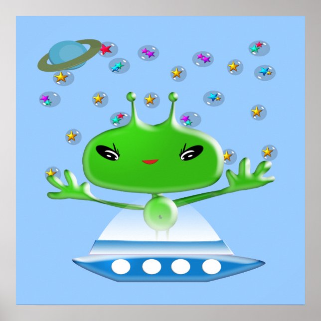 Poster Aliens verts mignons de l'espace avec vaisseau spa (Devant)