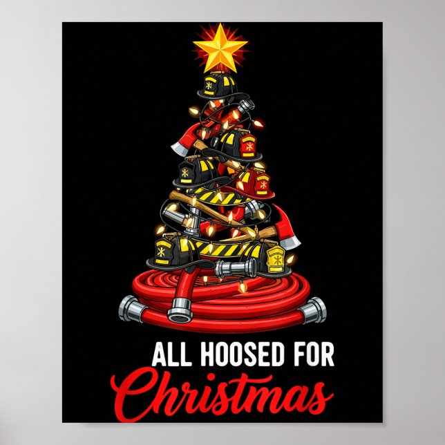 Poster All Hoosed Christmas Firefighter Tree Shirt, Firem (Devant)