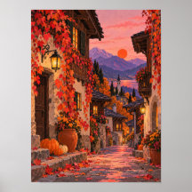 Allée d'automne avec lanternes et feuilles de vign