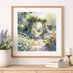 Poster Allée de jardin ensoleillée avec treillis de roses