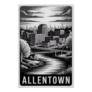 Poster Allentown Pennsylvanie Skyline Noir Blanc Gravure 