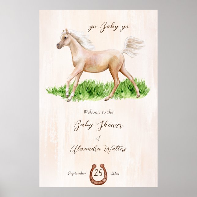 Poster Allez bébé aller courir cheval beige baby shower f (Devant)