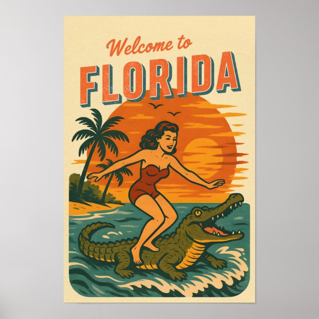 Poster Alligator Surfing Beach Pin-up | Retro Coastal Art (Devant)