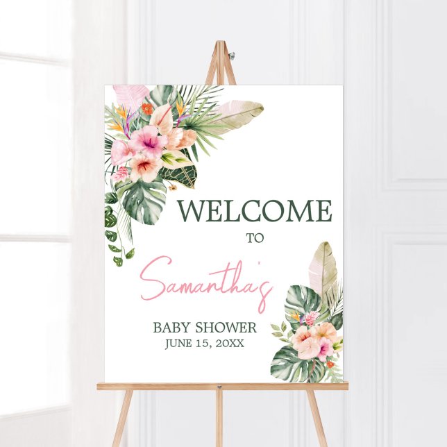 Poster Aloha Baby Baby shower tropical Bienvenue (Luau Hawaiian Girl Baby Shower Welcome Sign)