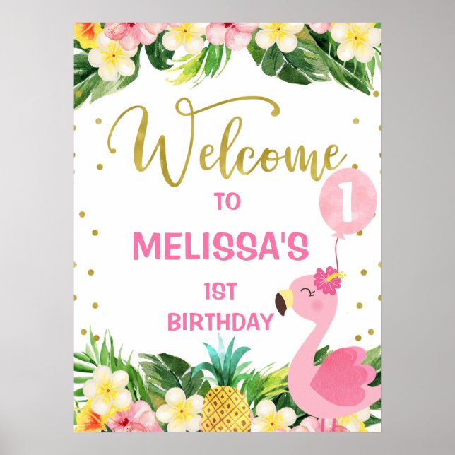 Poster Aloha Floral Folial Flamant rose 1er anniversaire  (Devant)